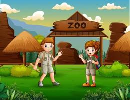 il ragazzo e la ragazza del guardiano dello zoo nell'illustrazione dello zoo vettore