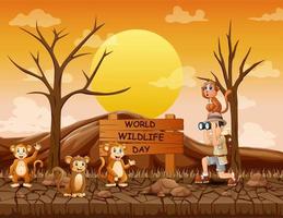 segno della giornata mondiale della fauna selvatica con il ragazzo esploratore e le scimmie vettore