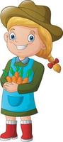 ragazza sorridente dell'agricoltore che tiene alcune illustrazione delle carote vettore