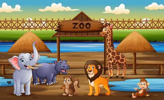 scena con animali selvatici all'illustrazione del parco dello zoo vettore