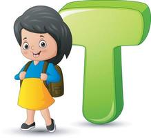 illustrazione dell'alfabeto t con una ragazza della scuola in piedi vettore