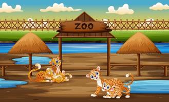 felice animale selvatico con i loro cuccioli godendo nell'illustrazione dello zoo vettore