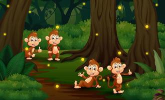 fumetto illustrazione di quattro scimmie che giocano nella foresta oscura