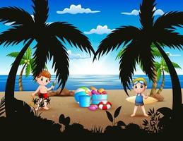 cartone animato di due ragazzi che giocano sulla spiaggia vettore