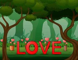 illustrazione della parola rossa amore sullo sfondo della foresta vettore