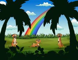 cartone animato di suricati nel campo verde vettore