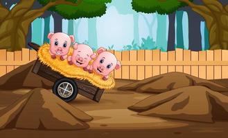 cartone animato di tre porcellini che giocano nella fattoria vettore