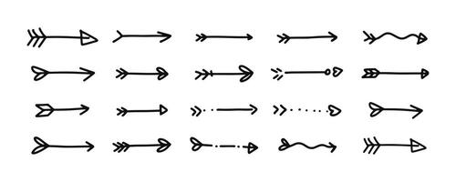 una raccolta di illustrazioni di frecce disegnate a mano. varietà di frecce carine per elementi di design. vettore