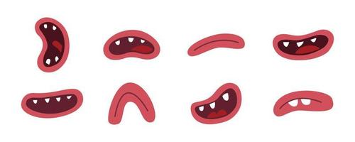 collezione di simpatici mostri bocca. bocche di cartoni animati disegnati a mano con denti, su sfondo bianco. illustrazione vettoriale per il design del personaggio