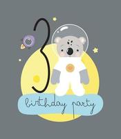 festa di compleanno, biglietto di auguri, invito a una festa. illustrazione per bambini con un simpatico cosmonauta koala e un'iscrizione tre. illustrazione vettoriale in stile cartone animato.