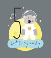 festa di compleanno, biglietto di auguri, invito a una festa. illustrazione per bambini con un simpatico cosmonauta koala e un'iscrizione cinque. illustrazione vettoriale in stile cartone animato.