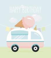 festa di compleanno, biglietto di auguri, invito a una festa. illustrazione per bambini con furgone e gelato. illustrazione vettoriale in stile cartone animato.
