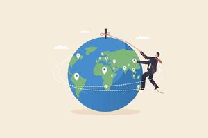 espansione globale del business, l'uomo d'affari ha inserito un nuovo pin di filiale sulla mappa del mondo. concetto di business in crescita in tutto il mondo vettore