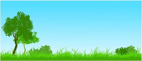 sfondo del paesaggio della siluetta dell'erba, campo di erba verde, cespuglio di erba e scenario dell'albero vettore
