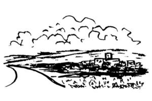 semplice disegno vettoriale di matita a carboncino. natura, paesaggio, strada extraurbana, campagna. sagoma di montagne, nuvole. schizzo in bianco e nero.