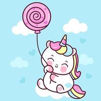 simpatico cartone animato unicorno e palloncino di caramelle animale kawaii vettore