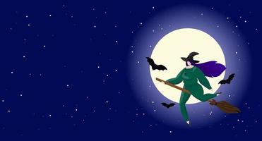 strega taglie forti sulla scopa davanti alla grande luna e ai pipistrelli. modello di disegno di halloween. personaggio senza volto, illustrazione vettoriale in stile piatto.