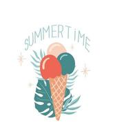 illustrazione estiva vettoriale con gelato, foglia di monstera e scritta 'summertime'. per la stampa, poster e card.
