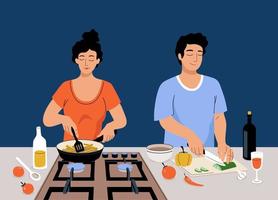 coppia di vettore che cucina insieme. la donna del fumetto arrostisce le patate sul fornello, l'uomo taglia le verdure. persone che preparano cibo sano in cucina a casa.