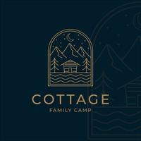 cottage o cabina linea arte minimalista semplice vettore logo illustrazione design. badge cottage in montagna nel fiume e lago line art logo concept minimalista semplice icona illustrazione disegno vettoriale