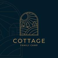 cottage o cabina linea arte minimalista semplice vettore logo illustrazione design. badge cottage in collina in estate foresta linea arte logo concetto minimalista semplice icona illustrazione disegno vettoriale