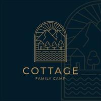 cottage o cabina linea arte minimalista semplice vettore logo illustrazione design. badge cottage in montagna nel fiume e lago line art logo concept minimalista semplice icona illustrazione disegno vettoriale