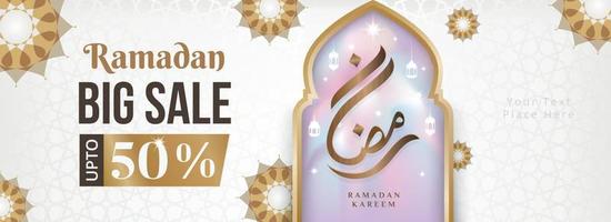 banner web di vendita ramadan con bella calligrafia araba e arte geometrica vettore