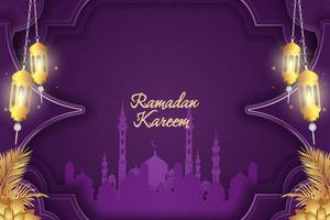 ramadan kareem sfondo islamico lusso viola e oro con moschea vettore