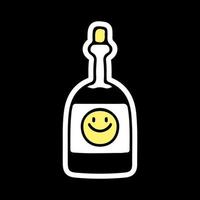 bottiglia di alcol con emoji sorridente, illustrazione per t-shirt, adesivi o articoli di abbigliamento. con stile doodle, retrò e cartone animato. vettore