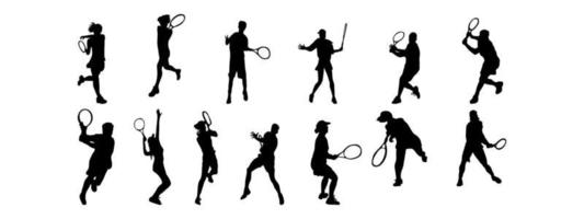 sagome nere di giocatori di tennis su uno sfondo bianco vettore