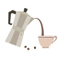 set di elementi caffettiera geyser, tazza e chicchi di caffè su sfondo bianco vettore