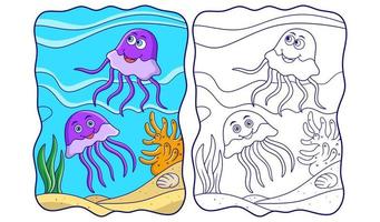illustrazione del fumetto due meduse che nuotano vicino al libro o alla pagina della barriera corallina dell'oceano per i bambini vettore