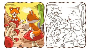 illustrazione del fumetto due volpi sedute su un libro da colorare di funghi o una pagina per bambini vettore