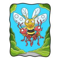 fumetto illustrazione api volanti portano 2 formiche vettore