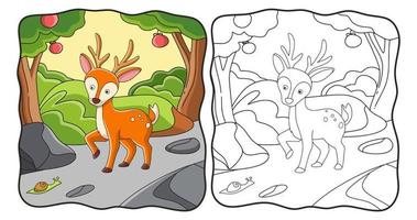 cervo di illustrazione del fumetto che cammina nel libro o nella pagina della foresta per i bambini vettore