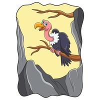 fumetto illustrazione uno struzzo appollaiato su un tronco d'albero vicino a una scogliera di roccia vettore