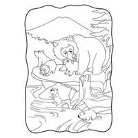 fumetto illustrazione orso con cucciolo su un grande libro rock o pagina per bambini in bianco e nero vettore