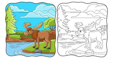 fumetto illustrazione grande cervo sulla riva del fiume libro o pagina per i bambini vettore