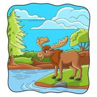 fumetto illustrazione grande cervo sulla riva del fiume vettore