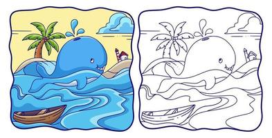 fumetto illustrazione balena nuota nel mare e becchi acqua da sopra la sua testa libro da colorare o pagina per i bambini
