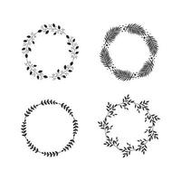 quattro cornici rotonde vintage o ghirlande di rami neri con foglie su sfondo bianco. disegno floreale disegnato a mano moderno. illustrazione vettoriale