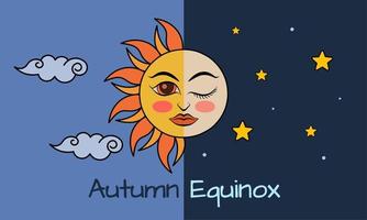 illustrazione vettoriale di metà sole e mezza luna come equinozio d'autunno, giorno e notte equivalgono a 12 ore. astronomia del primo autunno. le notti diventano più lunghe dei giorni nell'emisfero settentrionale.