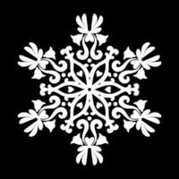 mandala con motivi floreali. ornamento rotondo bianco come un fiocco di neve su sfondo nero. bianco e nero. modelli mehndi. per tessuti, carta da parati, motivi veneziani, tessuti, imballaggi. vettore