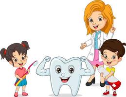 bambini piccoli del fumetto con il dentista e il dente forte vettore