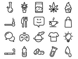 set di icone vettoriali nere, isolate su sfondo bianco, sul tema marijuana e intrattenimento
