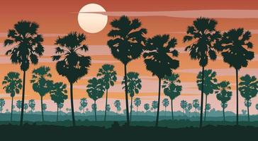scenario di silhouette del paesaggio dell'asia sull'area tropicale con foresta di palme vettore