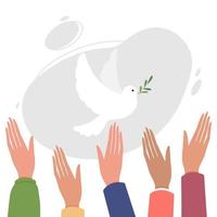 la gente alza la mano salutando la colomba della pace. piccione della pace, simbolo di aiuto, sostegno, carità, gentilezza, nobiltà, amicizia e mondo pacifico senza guerre. illustrazione vettoriale piatta.