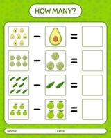 quanti contando gioco avocado, melone, fico d'india. foglio di lavoro per bambini in età prescolare, foglio di attività per bambini, foglio di lavoro stampabile vettore