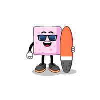 cartone animato mascotte di marshmallow come surfista vettore