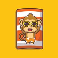 il simpatico personaggio della mascotte dei cartoni animati della scimmia in occhiali da sole dorme sulla spiaggia vettore